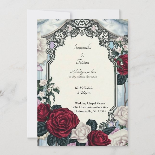Invitation Roses et Mariage gothique encadré de dentelle (Devant)