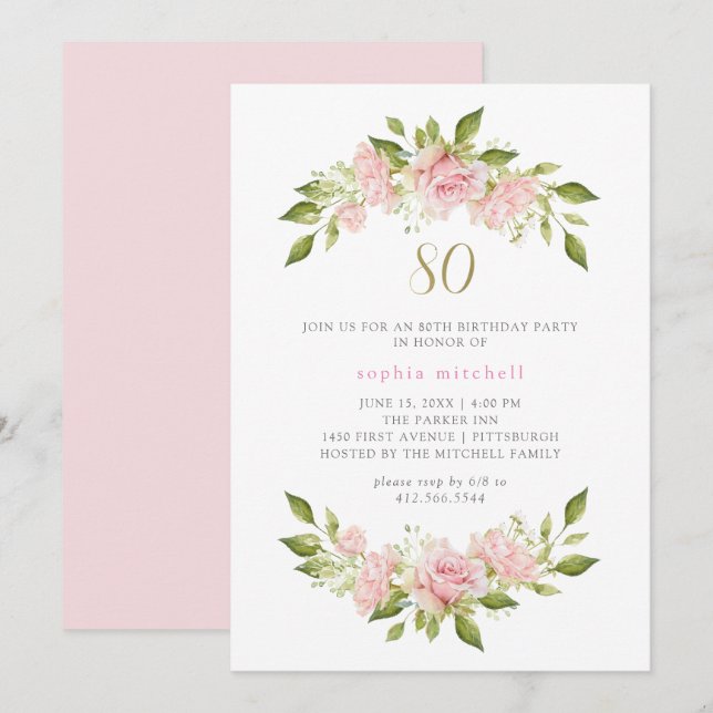 Invitation Roses et or rose pâle | 80e anniversaire (Devant / Derrière)