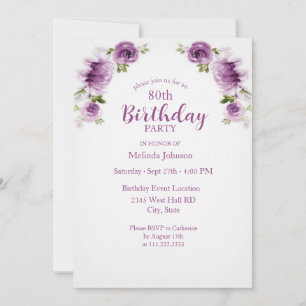 Invitation Roses et Pivoines Aquarelle Fuchsia 80 ans