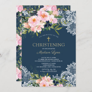Invitation Roses et pivoines bleus Dentelle Christening