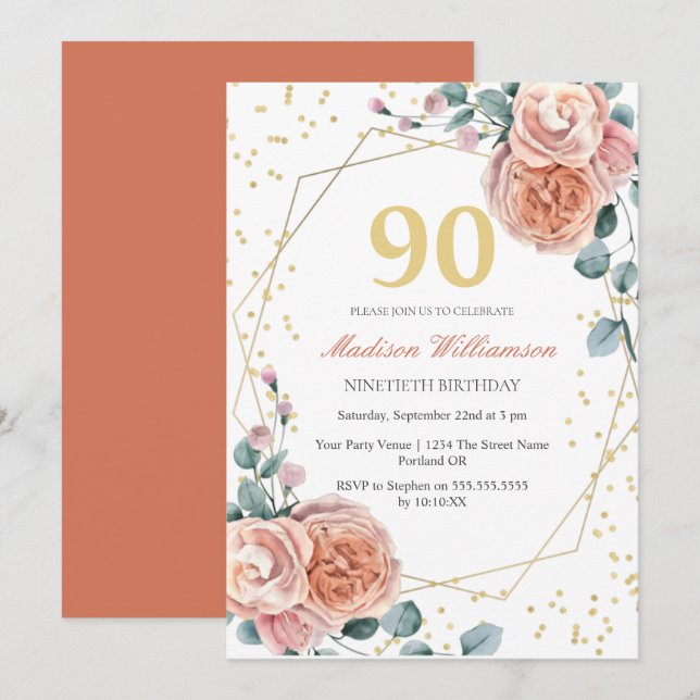 Invitation Roses & Eucalyptus Floral 90e Anniversaire Fête In (Devant / Derrière)