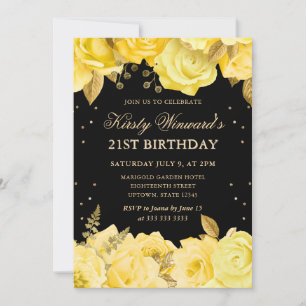 Invitation Roses Fleurs Jaunes et Dorées 21e Anniversaire