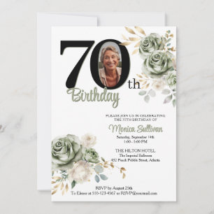 Invitation Roses Floral Vert Sauge Ivoire Photo 70e anniversa