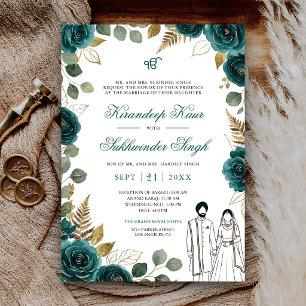 Invitation Roses florales aquarelles sarcelle profonde Mariag