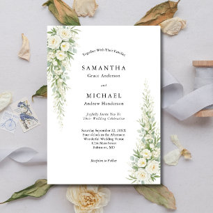Invitation Roses Florales Crème Blanche Mariage Moderne Éléga