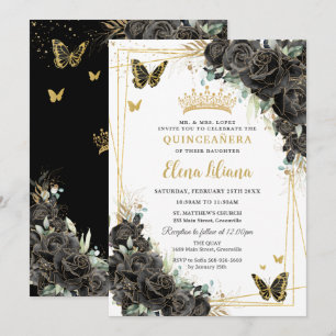 Invitation Roses Florales Noires Papillons Dorés Quinceanera