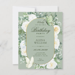 Invitation roses florales vert blanc anniversaire