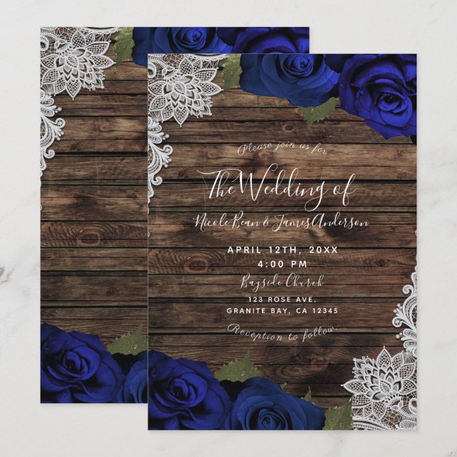 Invitation Roses Floraux Bleus de la Marine Mariage de dentel (Devant / Derrière)