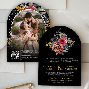 Invitation Roses floraux de Bourgogne QR Code photo Mariage n