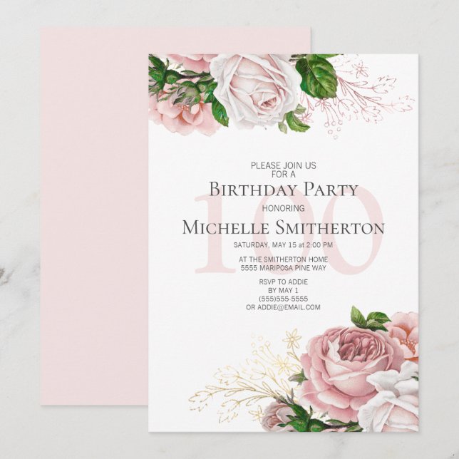 Invitation Roses floraux rose vif blanc 100e anniversaire (Devant / Derrière)