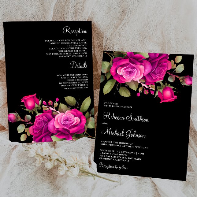Invitation Roses Fuchsia rose chaud tous en un Mariage noir (Créateur téléchargé)
