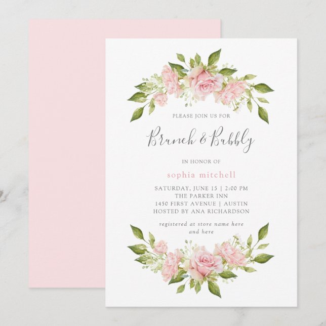 Invitation Roses généreux | Brunch floral rose et bulle (Devant / Derrière)