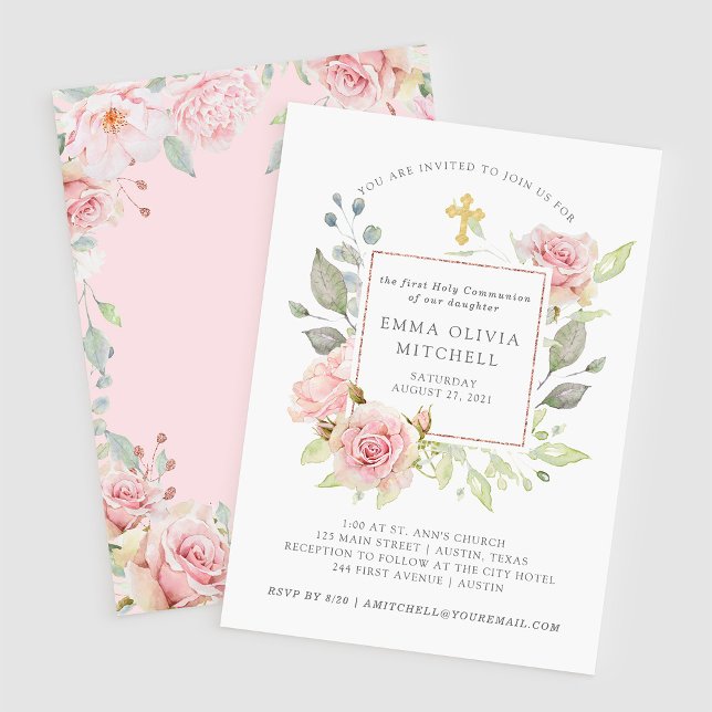 Invitation Roses généreux | Pink Floral Première Communion sa (Créateur téléchargé)