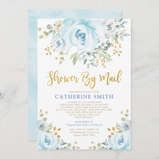 Invitation Roses Gold Soft Blue par Mail Virtual (Devant / Derrière)