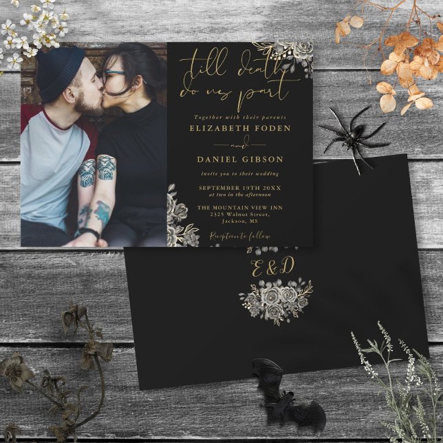 Invitation Roses gothiques Noir et Or Mariage photo Floral (Black And Gold Gothic Roses Floral Photo Wedding Invitation)