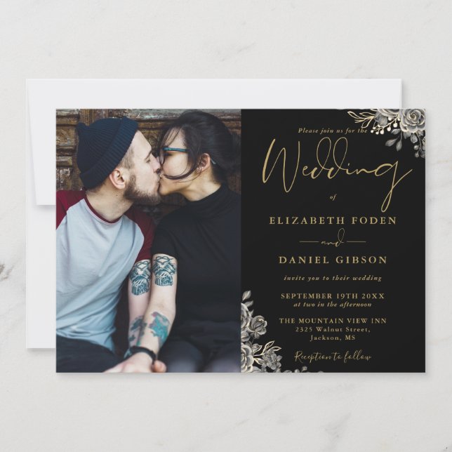 Invitation Roses gothiques Noir et Or Mariage photo Floral (Devant)