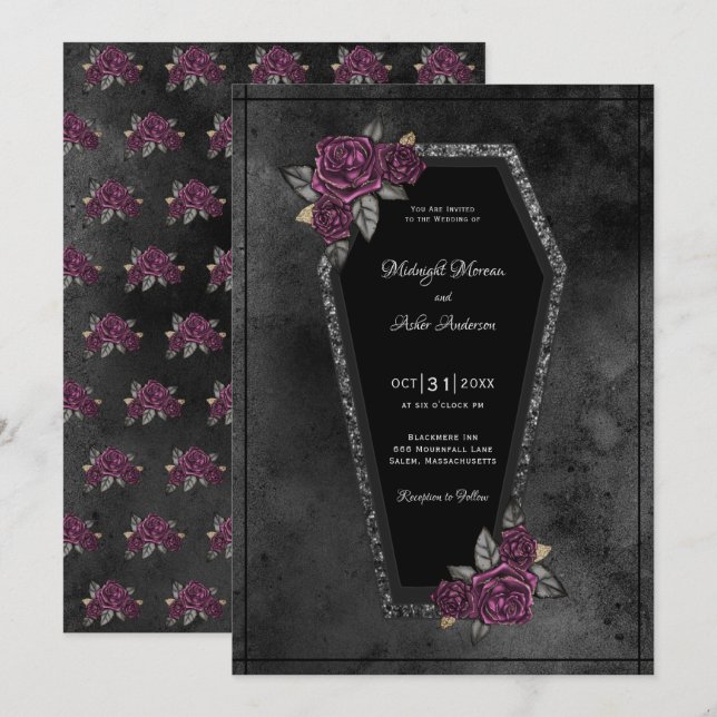 Invitation Roses gris-noir café Éparké Mariage d'Halloween (Devant / Derrière)