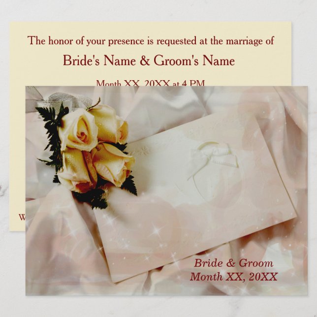 Invitation Roses Jaunes d'ivoire Élégant Mariage Horizonal (Devant / Derrière)