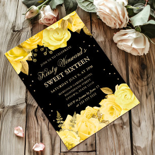 Invitation Roses jaunes et dorées Fête des 16 ans florale
