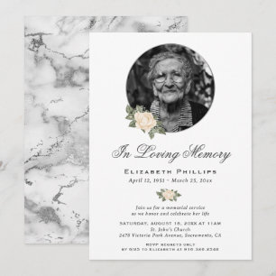 Invitation Roses Jaunes Marbre Argent Photo Mémorial Funérail