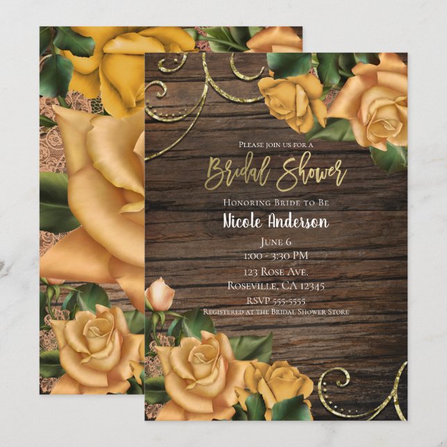 Invitation Roses Jaunes & Pays Fête des mariées en bois rusti (Devant / Derrière)