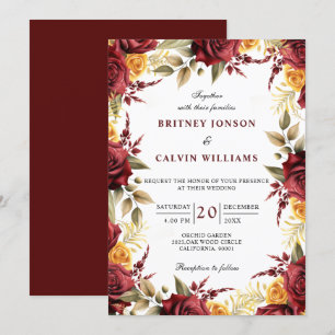 Invitation Roses Jaunes Rouges Bourguignonnes Florales Mariag