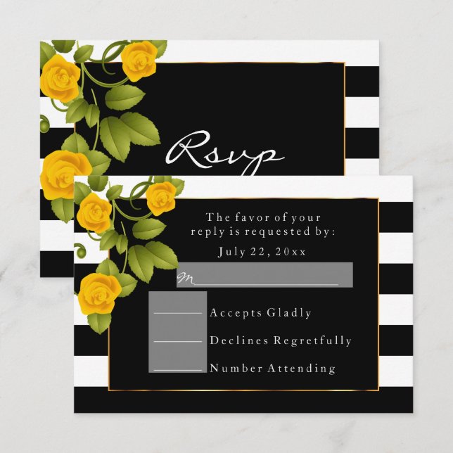Invitation Roses jaunes sur rayures noires et blanches (Devant / Derrière)