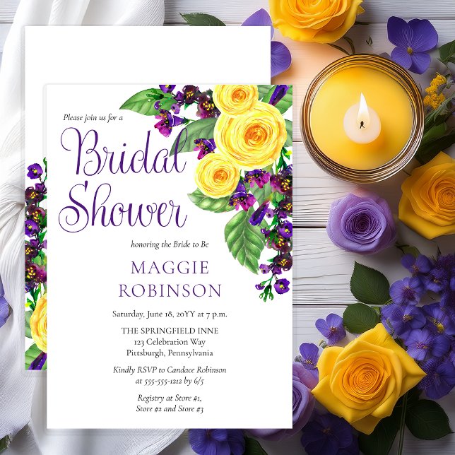 Invitation Roses jaunes | Violets Boho Fête des mariées flora (Elegant Yellow Roses and Purple Violets Boho Floral Bridal Shower Invitation - Print | Digital)