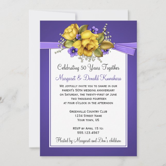 Invitation Roses jaunes Violets pourpres 50e anniversaire (Devant)