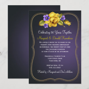 Invitation Roses Jaunes Violets Violets Violets Or Ornat Cadr