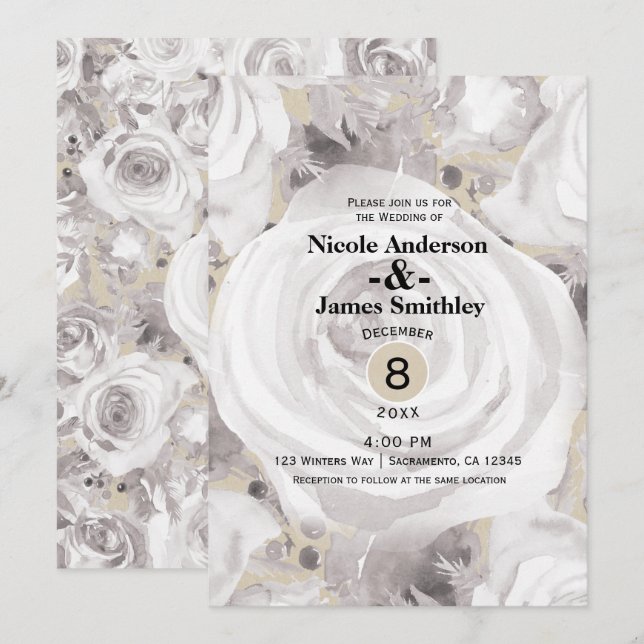 Invitation Roses Kraft Rustiques Blanches pour Mariage d'Hive (Devant / Derrière)