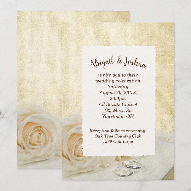 Invitation Roses mariages et anneaux (Devant / Derrière)