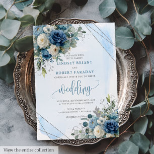 Invitation Roses modernes d'argent bleu foncé