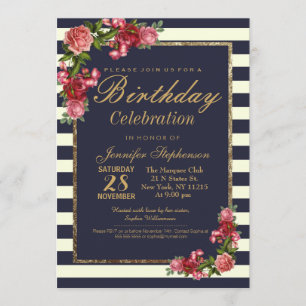 Invitation Roses Navy Stripes et Gold Birthday Party