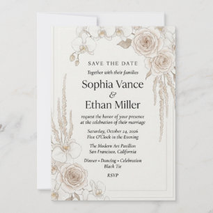 Invitation Roses neutres, orchidées et amarante aquarelle