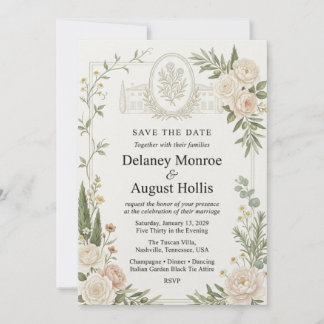 Invitation Roses neutres, Pivoines, Rameaux d'Olivier, Villa