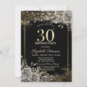 Invitation Roses Noires Élégantes,Guirlande Lumineuse 30e Ann