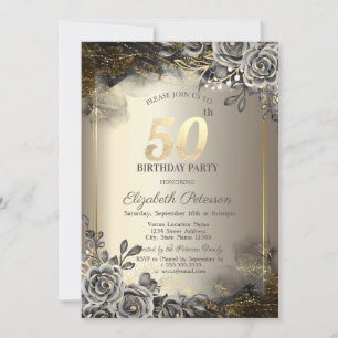 Invitation Roses Noires Élégantes,Guirlande Lumineuse 50e Ann
