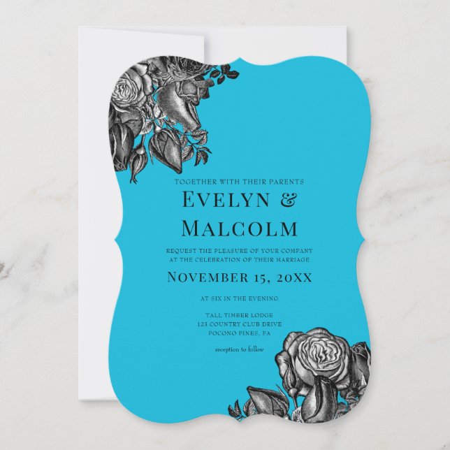 Invitation Roses noires et blanches Mariage bleu électrique (Devant)