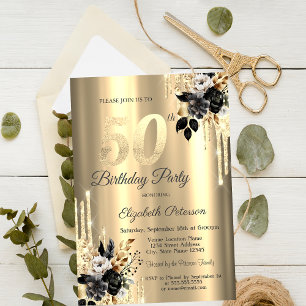 Invitation Roses Noires Paillettes Gouttes D'Or 50e Anniversa