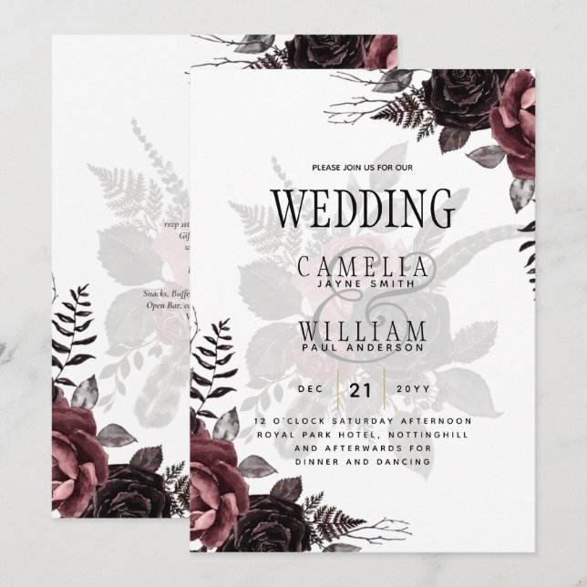 Invitation Roses noirs de Bourgogne foncée Mariage automne hi (Devant / Derrière)