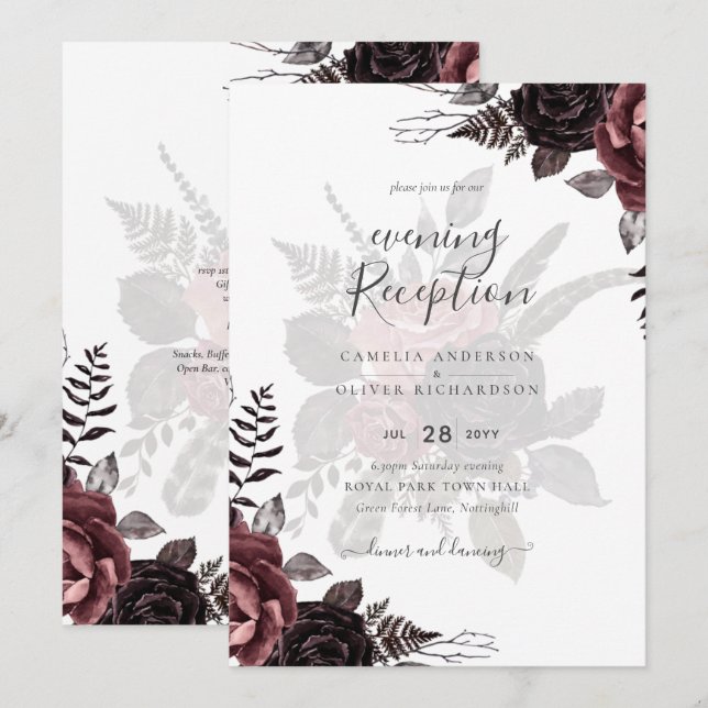 Invitation Roses noirs de Bourgogne foncée Mariage automne hi (Devant / Derrière)