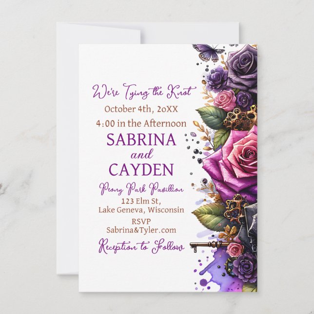 Invitation Roses noirs et violets Steampunk Mariage gothique (Devant)