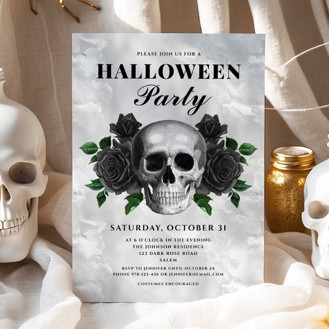 Invitation Roses noirs gothiques et fête d'Halloween crâne (Gothic Black Roses & Skull Halloween Party Invitation)