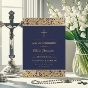 Invitation Roses Or Floral Croix Navy Bleu Première Communion