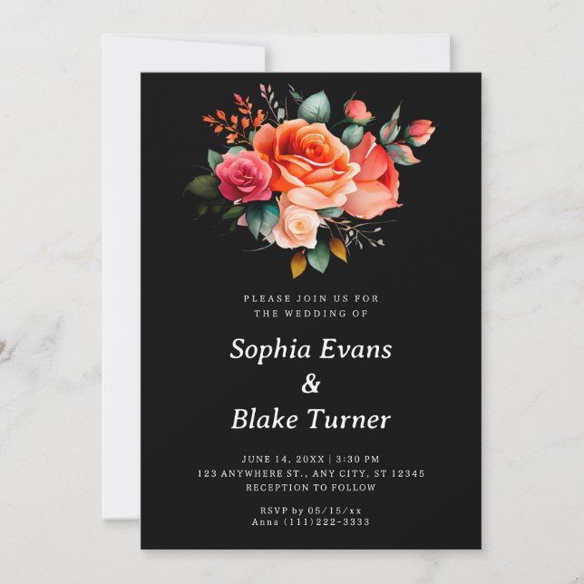 Invitation Roses orange et rose Mariage noir floral (Devant)