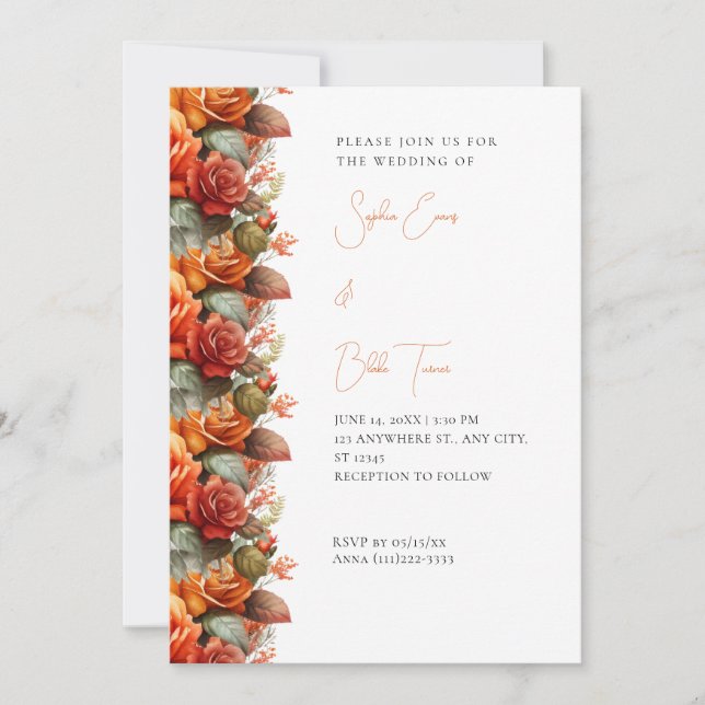 Invitation Roses orange modernes chute Mariage blanc (Devant)