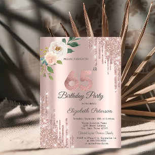 Invitation Roses Paillettes Gouttes Rose Gold 65e Anniversair