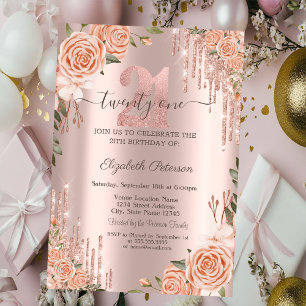 Invitation Roses Paillettes Gouttes Rose Or 21ème Anniversai