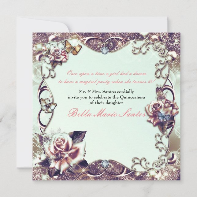Invitation Roses & Papillons Bronze Quinceañera Party (Devant)